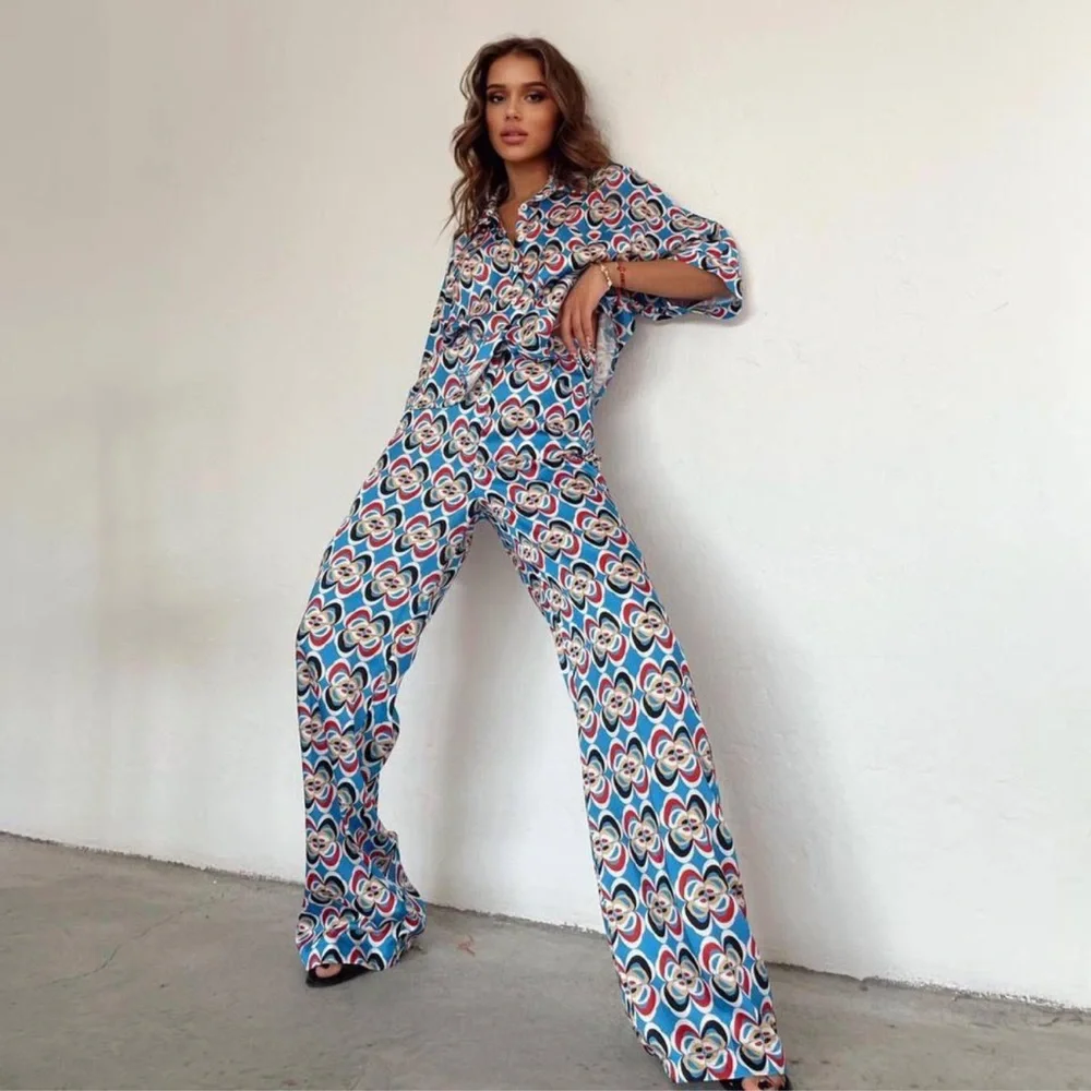 Zara Geometric Print Linen Blend Trouser Pants Wide Leg Size Small